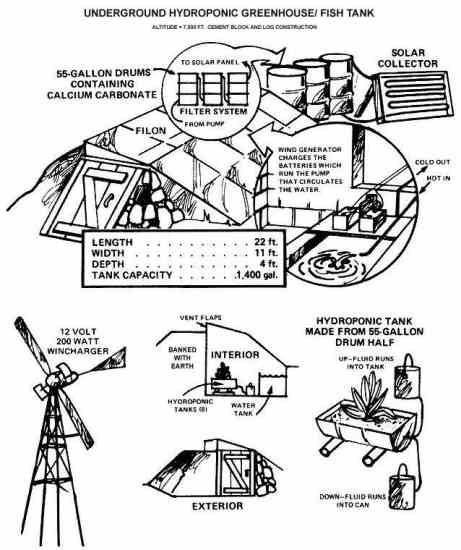 Shown here are details of author's underground ecosystem, in which earthworms are raised to feed to fish and fish tank water is used to grow hydroponic vegetables. The only material that's brought in from outside is compost for the worms.